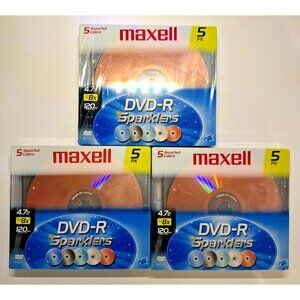 3 pkg DVD-R Sparklers Maxell 5 CD each 15 Total 5 assorted Colors 120 min 4.7 GB